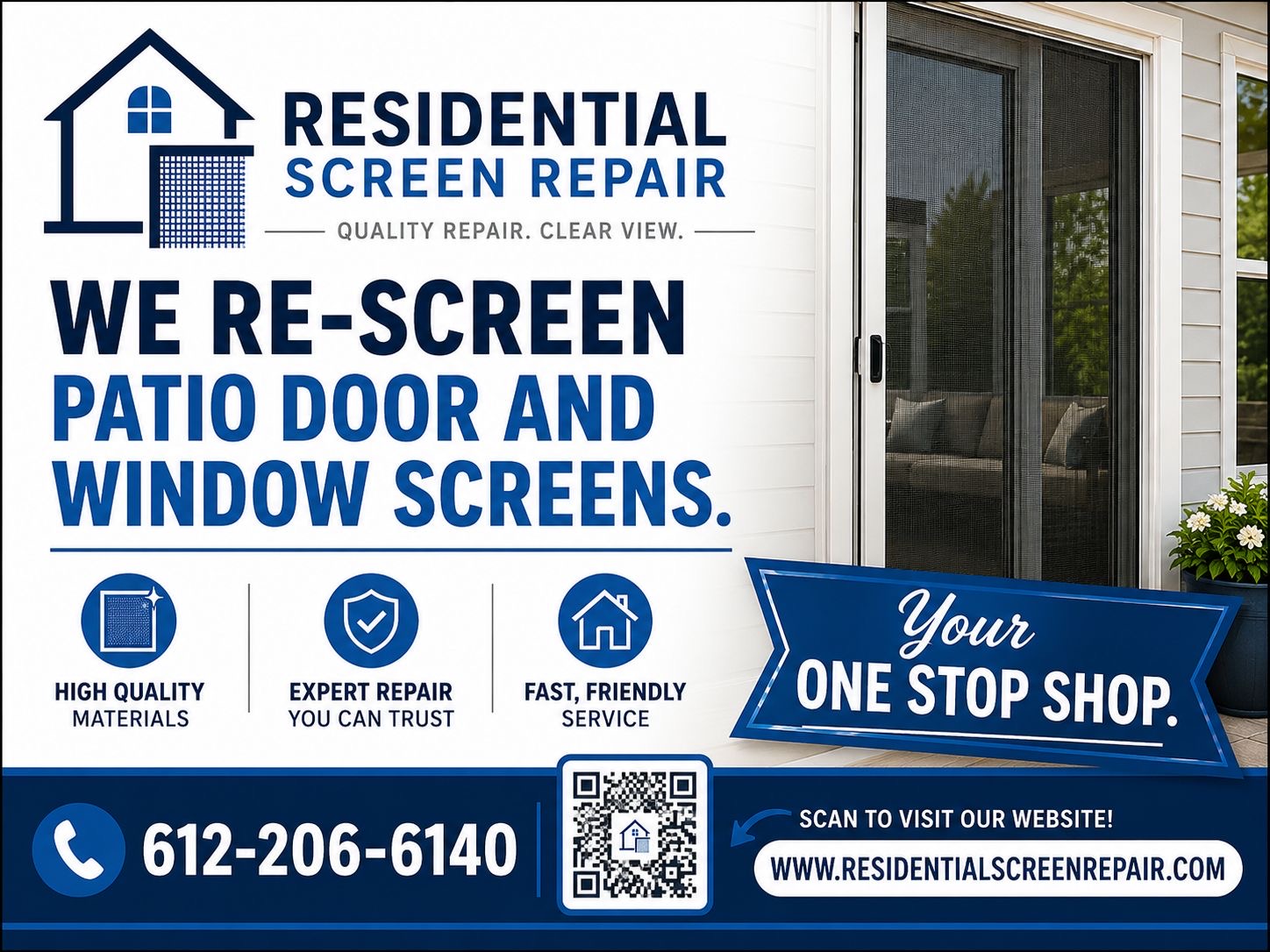 Residential Screen Repair lawn sign showing services and contact info