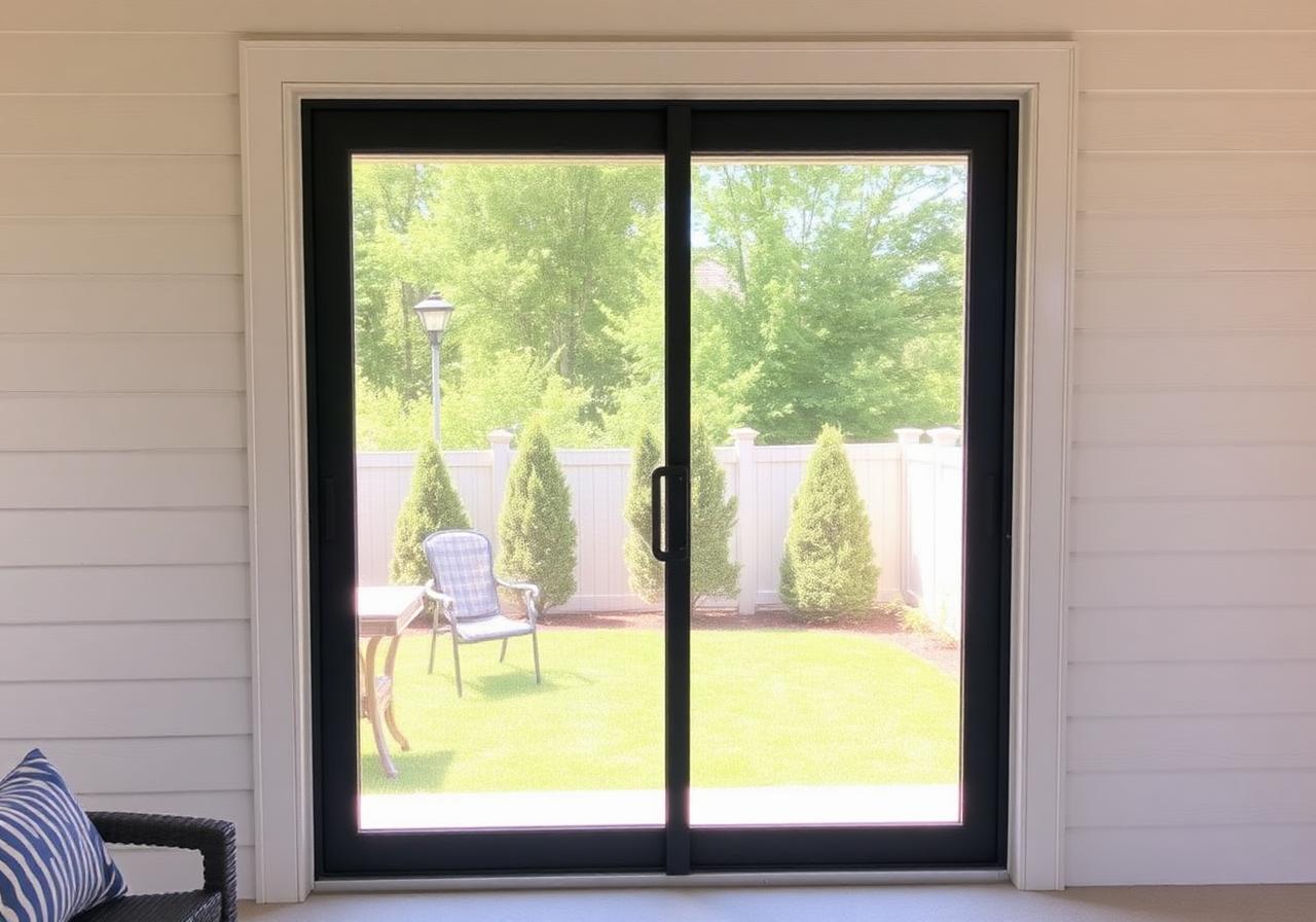 Sliding patio screen door looking out to a backyard